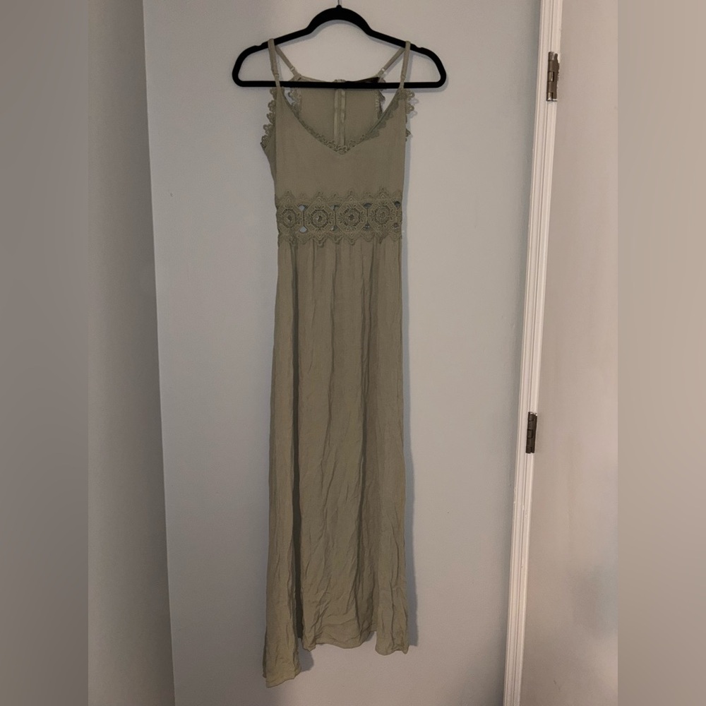 Faded Rose Olive Lace Peekaboo Cutout Boho Hippy Nature Sage Maxi Dress